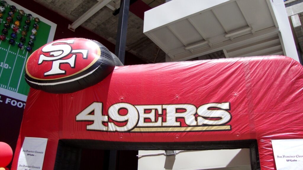 Inflatable San Francisco 49ers entrance at Fan Day at Candlestick Park.
