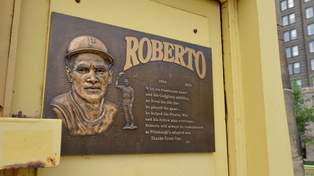 Roberto Clemente Bridge plaque, Sixth Street Bridge, Pittsburgh, Pennsylvania. 