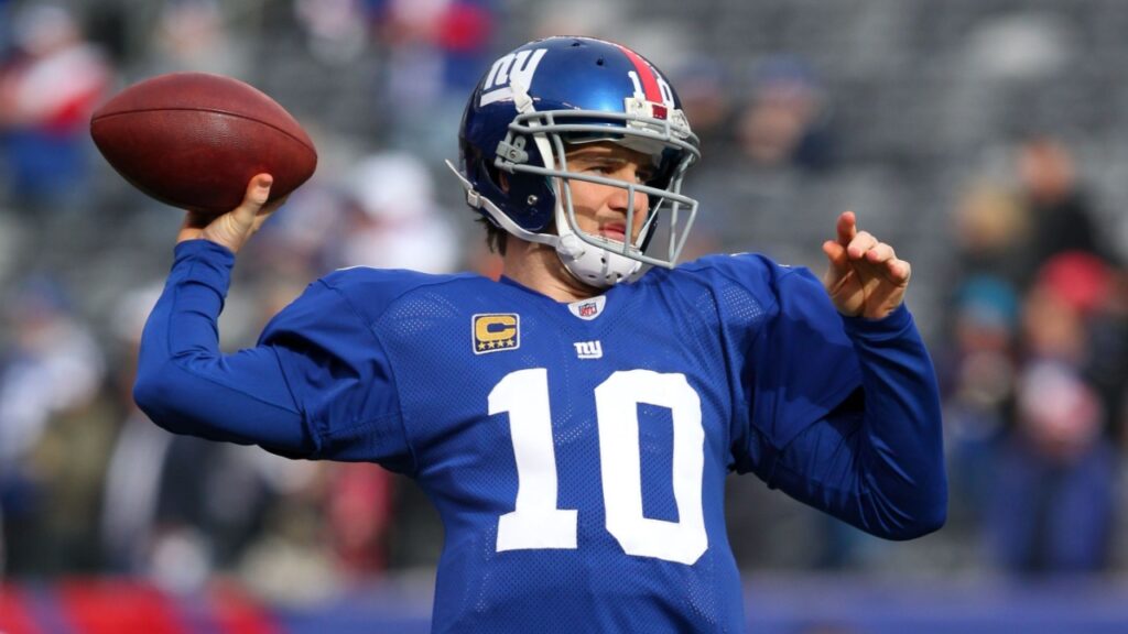  New York Giants quarterback Eli Manning (10) before the 2011 NFC wild card playoff game against the Atlanta Falcons on January 8, 2012, at MetLife Stadium. 
