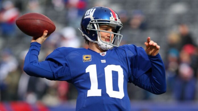 New York Giants quarterback Eli Manning (10) before the 2011 NFC wild card playoff game against the Atlanta Falcons on January 8, 2012 at MetLife Stadium.