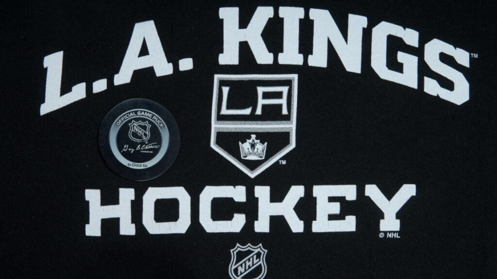 Official NHL game puck with LA kings equipment. 