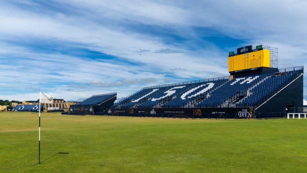 View of the 18th hole at the old Course in St. Andrew with stands for the 150th Open Championship golf tournament.