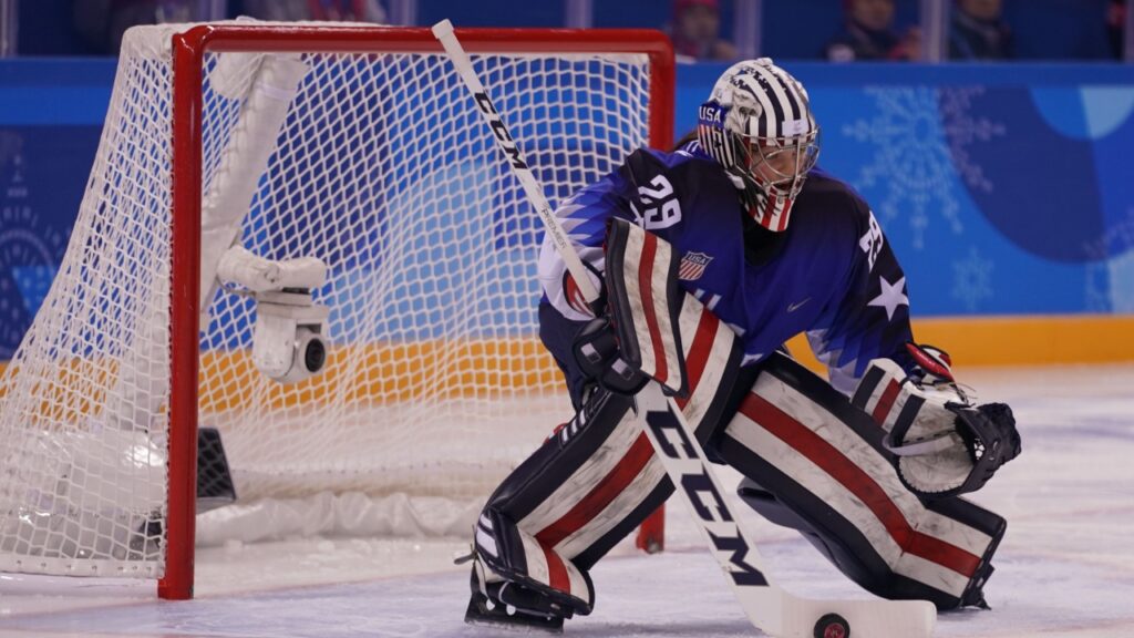 Olympic champion Team USA goalkeeper Nicole Hensley in action against Team Olympic Athlete from Russia during Women's ice hockey preliminary round game. 