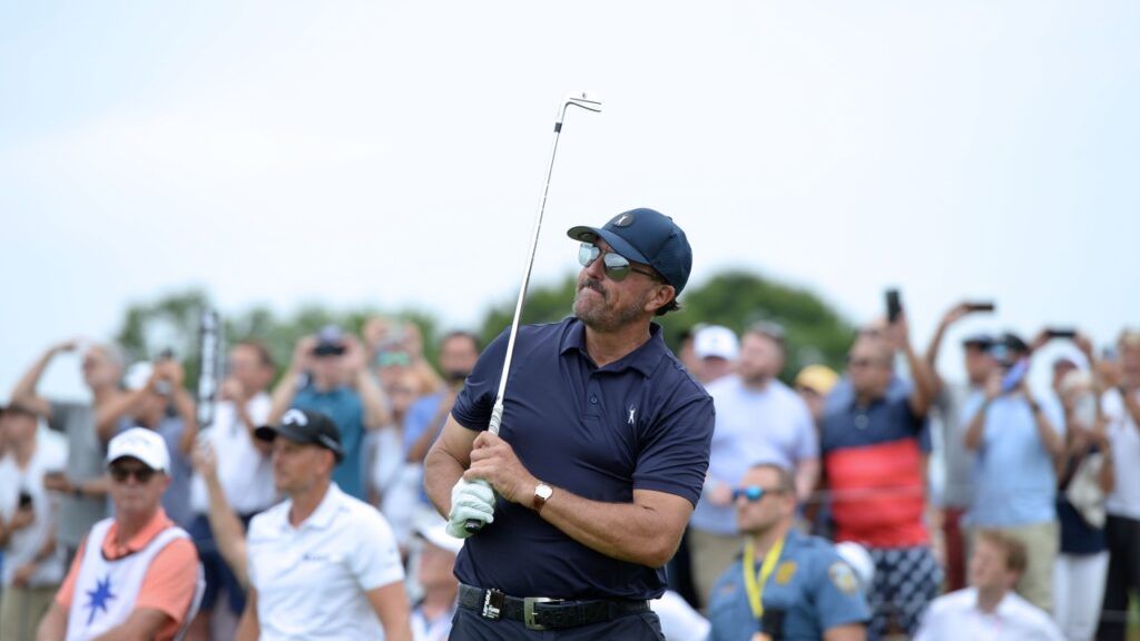 Phil Mickelson watches his shot during the LIV Golf Tournament held at the Trump National Golf Club in Bedminster,NJ.