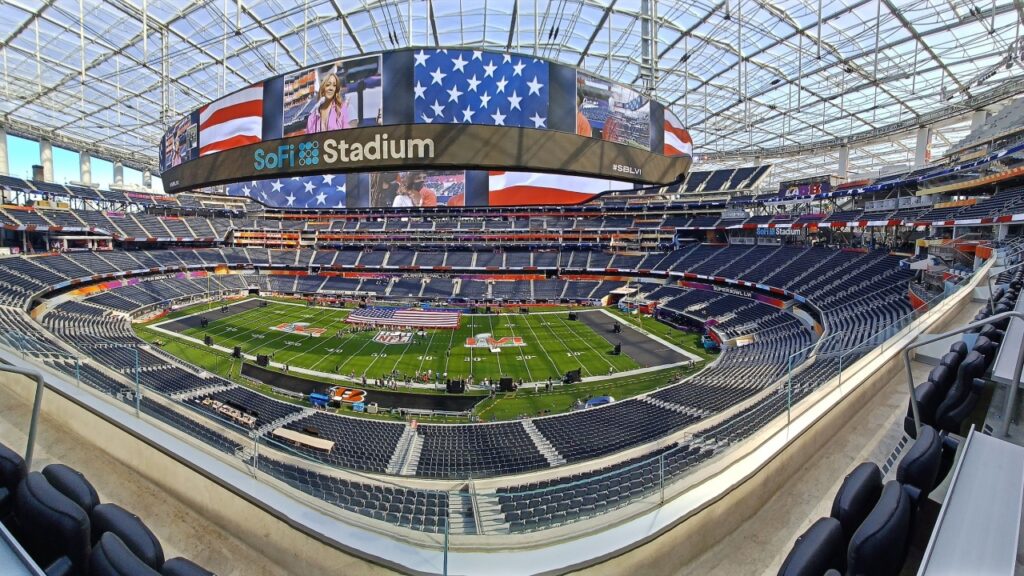 Panorama SoFi Stadium Super Bowl 56 National Anthem rehearsal. 