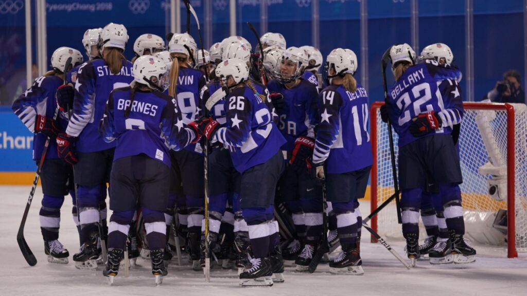 Hockey team in the rink. 