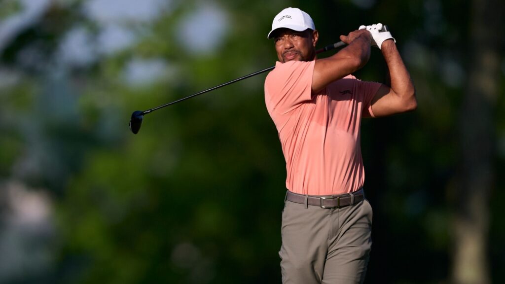 Tiger Woods of United States in action during Round 1 of the 2024 PGA Championship at Valhalla Golf Club.