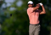 Tiger Woods of United States in action during Round 1 of the 2024 PGA Championship at Valhalla Golf Club