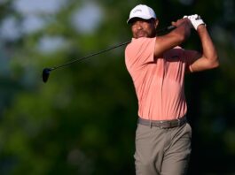 Tiger Woods of United States in action during Round 1 of the 2024 PGA Championship at Valhalla Golf Club