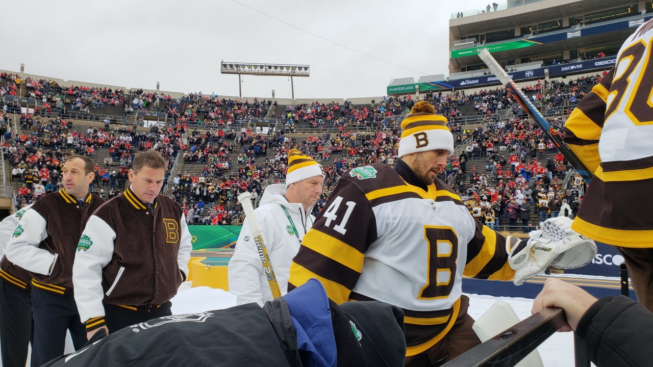 Boston Bruins head Coach Bruce Cassidy walks to the ice before the start of the 2019 NHL Winter Classic at Notre Dame Stadium.