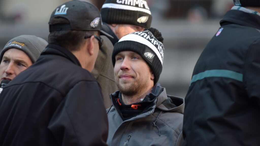 Philadelphia Eagles quarterback Nick Foles celebrates the Super Bowl LII win during a parade Feb. 8, 2018, in front of fans in downtown Philadelphia.