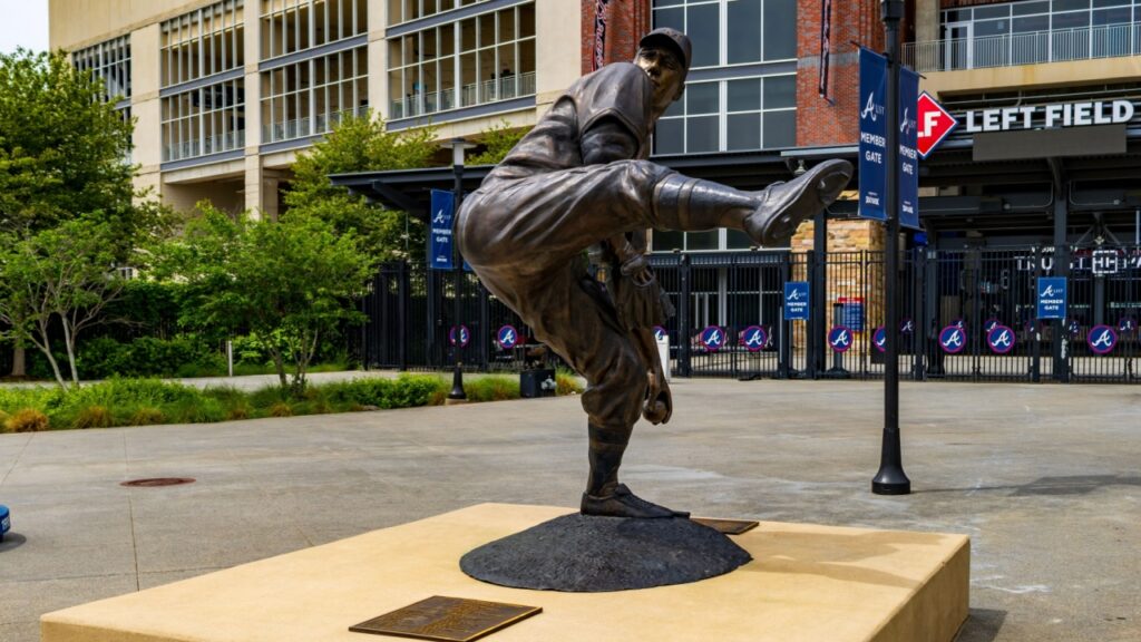 A statue of Warren Spahn at Truist Park home of the Atlanta Braves in Atlanta Georgia USA. 