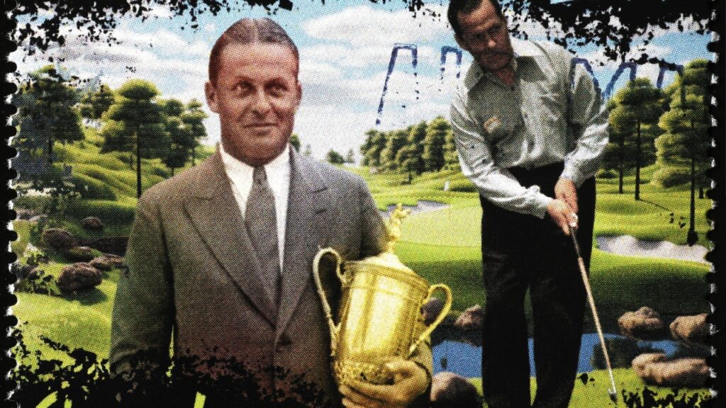 Golf champion Bobby Jones on postage stamp. 