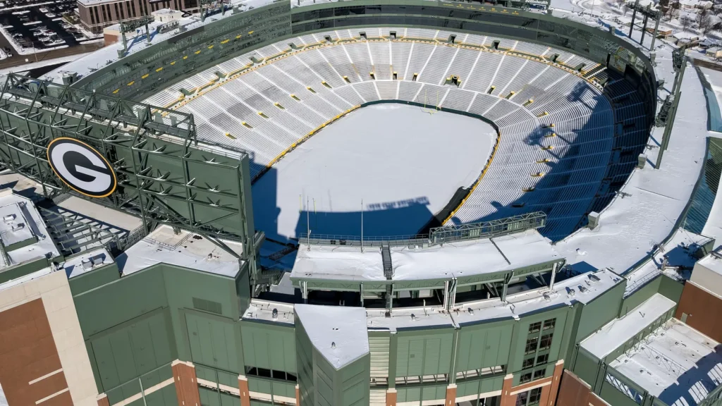 An aerial view of Lambeau field shows the iconic superbowl stadium. 