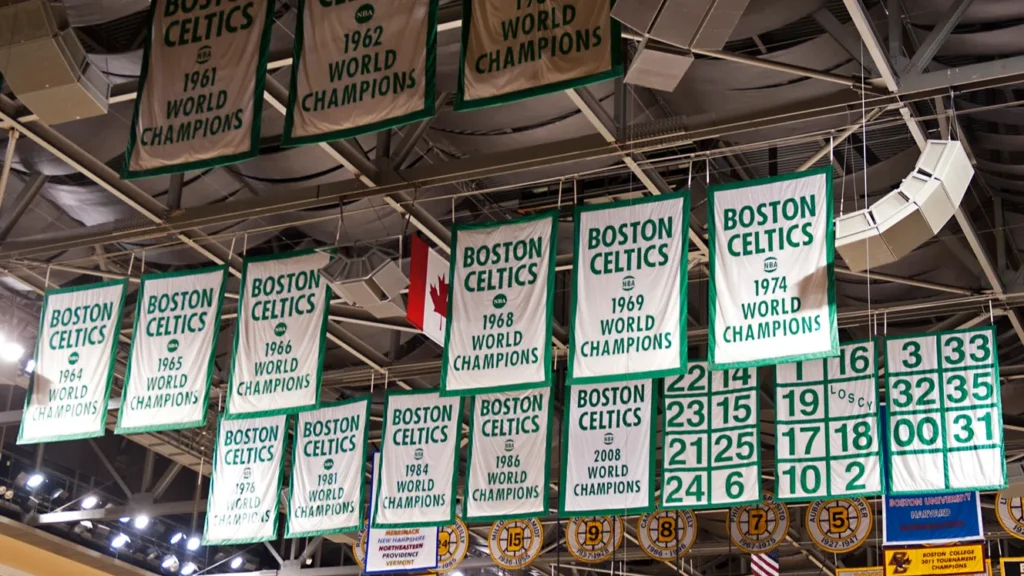 Boston Celtics championship banners. 