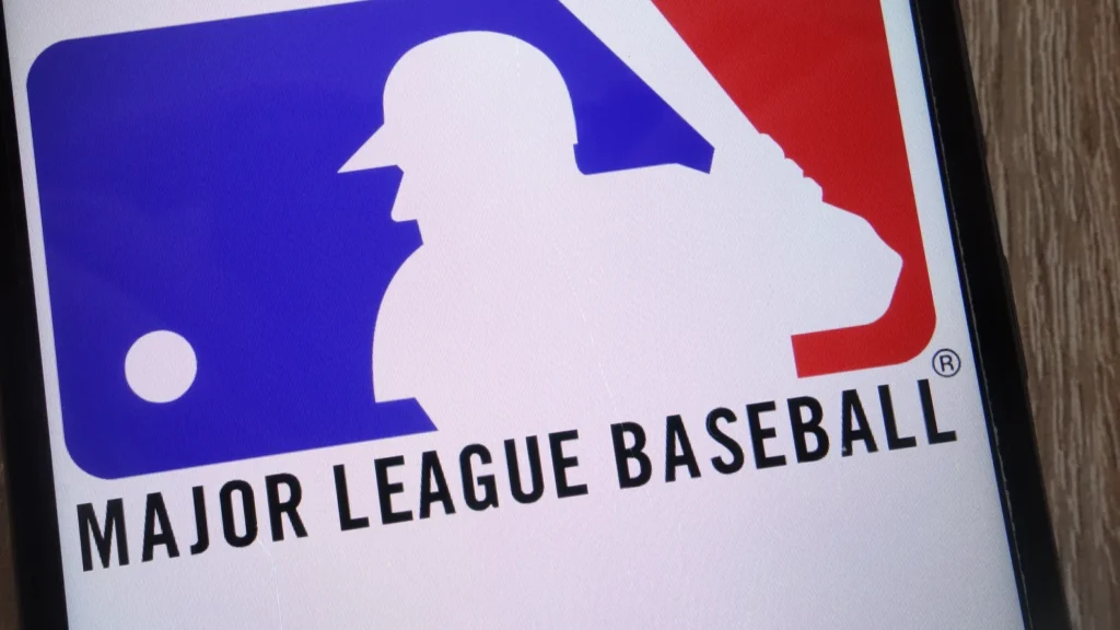 Major League Baseball logo on phone.