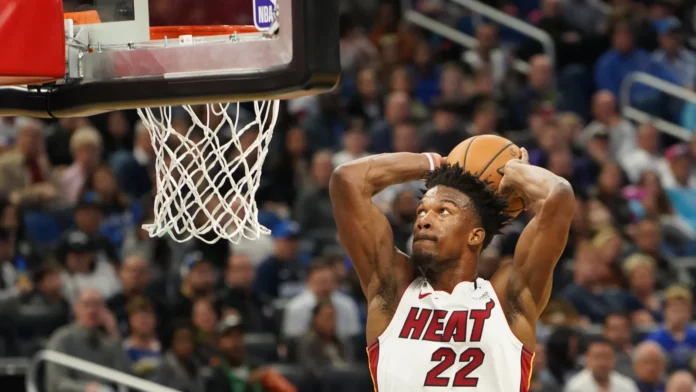 Jimmy Butler 22 makes a dunk at the NBA match
