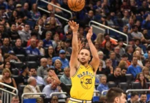 Warriors’ rotation adjustments with Stephen Curry out at least five games Steph Curry making a shot during a basketball match.