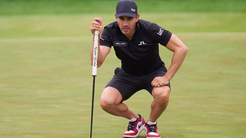 Camilo Villegas of Colombia in action during a practice round prior to the 2024 PGA Championship at Valhalla Golf Club on May 14, 2024 in Louisville, Kentucky.