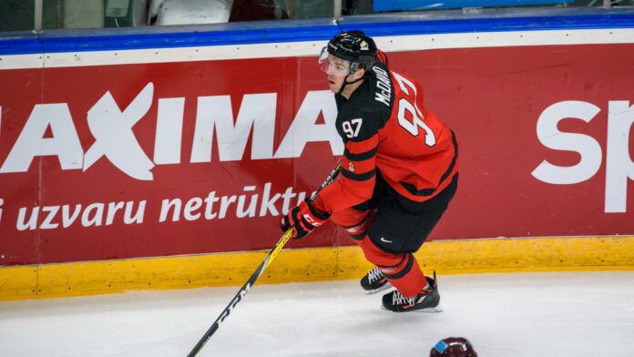 Connor McDavid playing hockey.