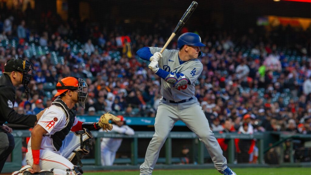 Shutterstock_Giants vs Dodgers_ 2379949821 - Gameday Chatter Los Angeles Dodgers catcher Will Smith bats against the San Francisco Giants at Oracle Park.