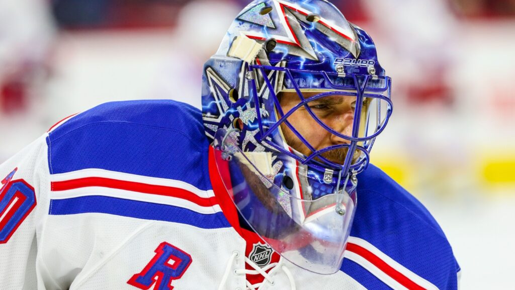New York Rangers goalie Henrik Lundqvist during the NHL game between the New York Rangers and the Carolina Hurricanes at the PNC Arena. 