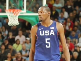 Kevin Durant of Team USA in action at group A basketball match