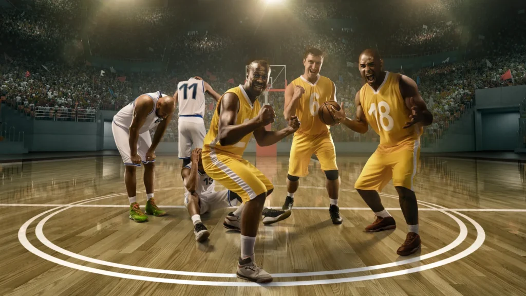 Basketball players rejoice at victory on professional basketball stadium.