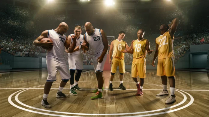 basketball players emotionally rejoice at victory on professional basketball stadium