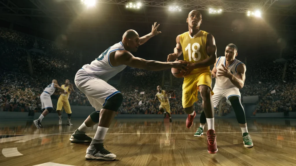 Basketball players on big professional arena during the game.