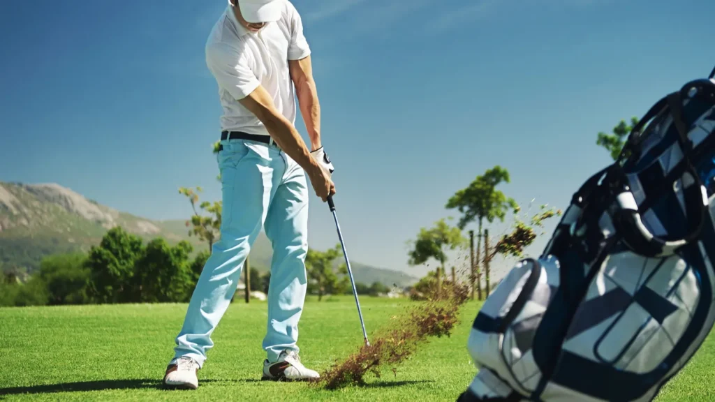 Golfer making a strategic approach shot decision on the fairway.
