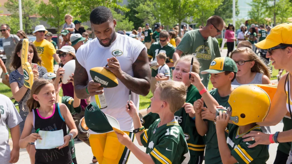 Green Bay Packers player signing autographs for kids in team gear outdoors.