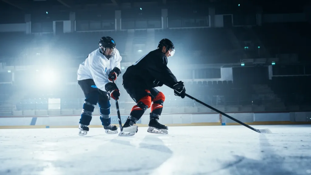 Two ice hockey players in action.