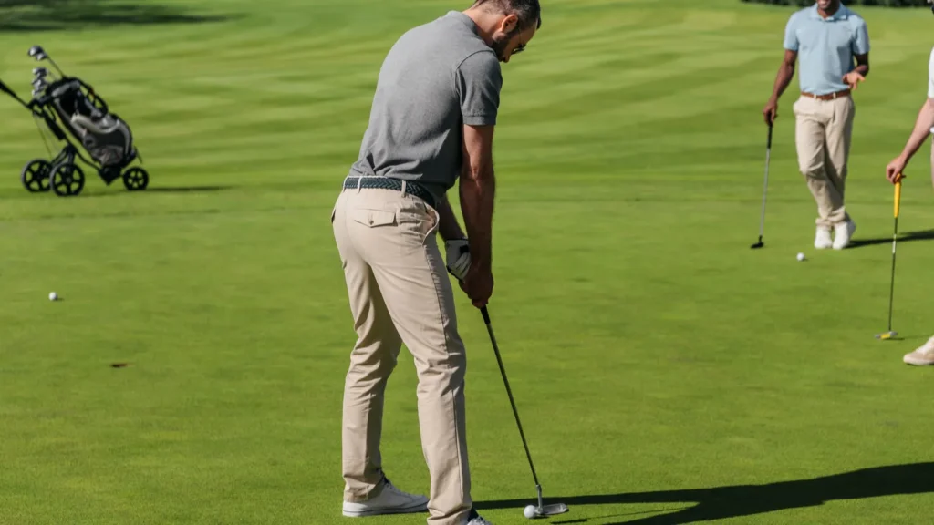 Men playing golf.