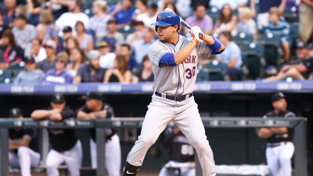 New York Mets outfielder Michael Conforto waits for a pitch during a game.