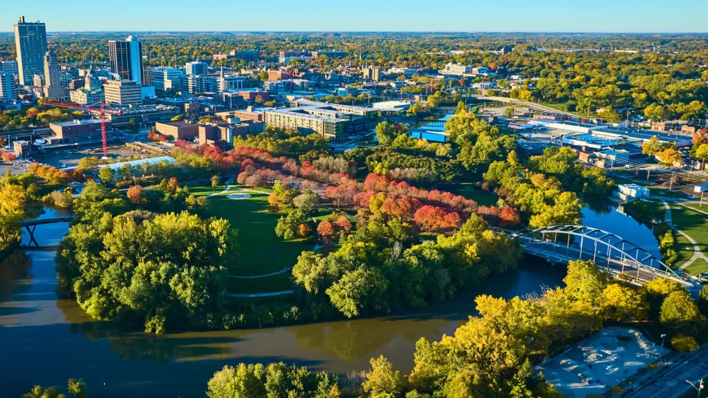 aerial fall view of downtown fort wayne indiana showcasing the