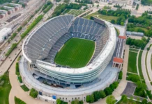 Aerial view of the Soldier Field, home of the NFL Chicago Bears.