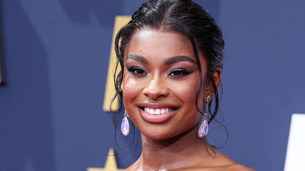 american singer and actress coco jones wearing laquan smith arrives