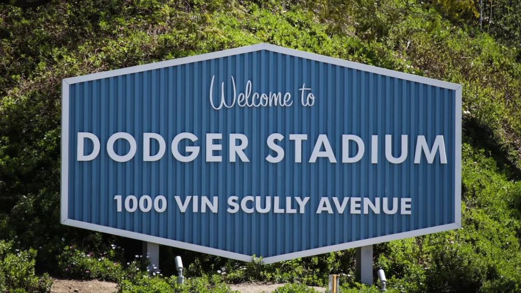 an exterior view of the vin scully avenue gate a