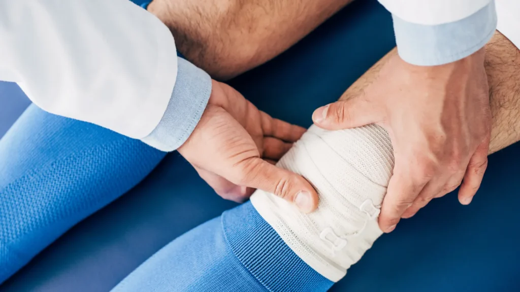 Cropped view of a doctor putting an elastic bandage on the leg of a player.
