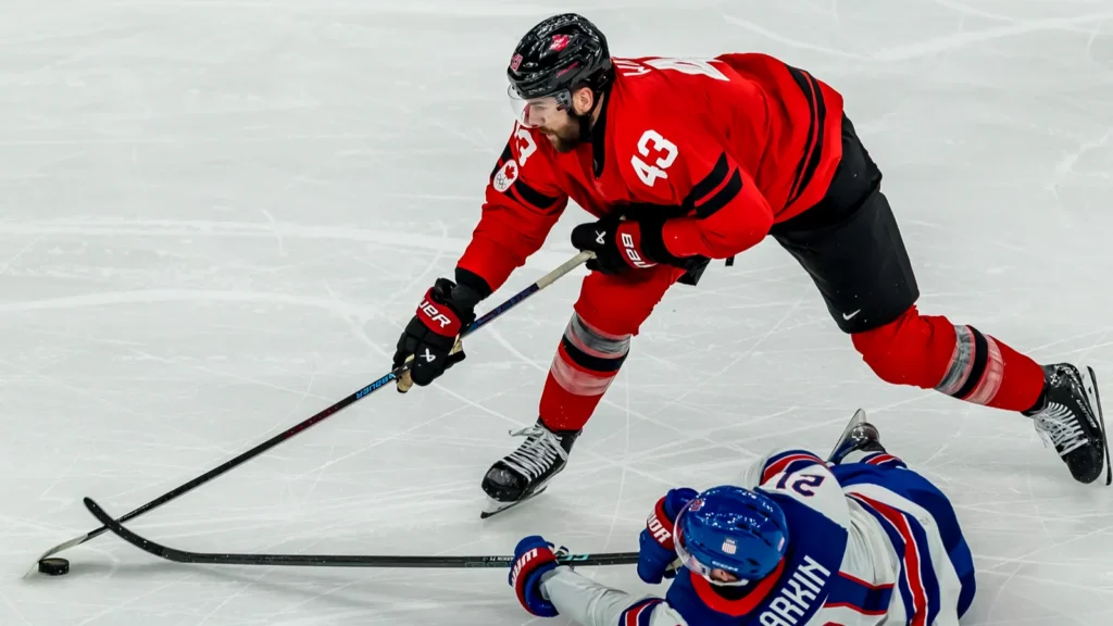 forward tom wilson 43 of team canada fights for the