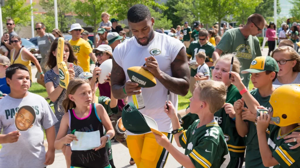 green bay packer player signing autograph for young fan