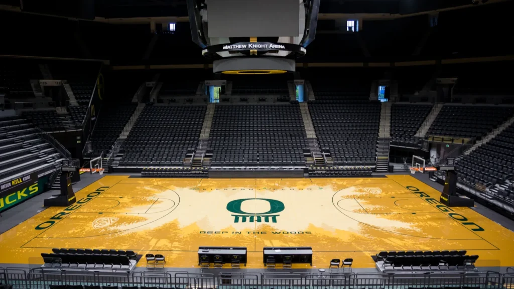 An empty basketball arena.