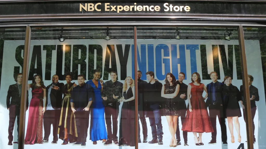 nbc experience store window display decorated with saturday night life