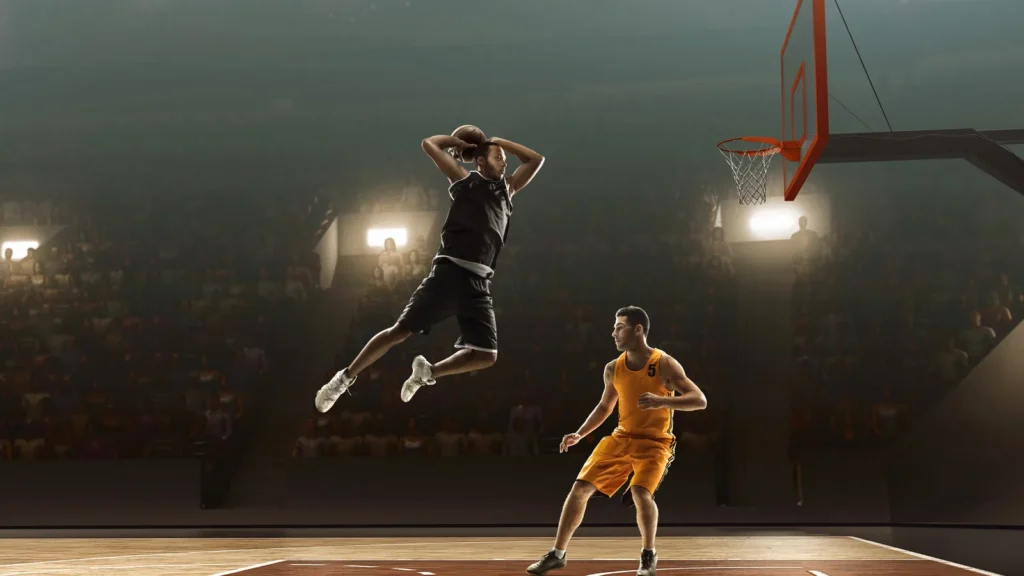 Players in action on a professional basketball court.