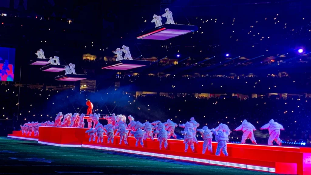 rihanna performs live during halftime show of super bowl lvii