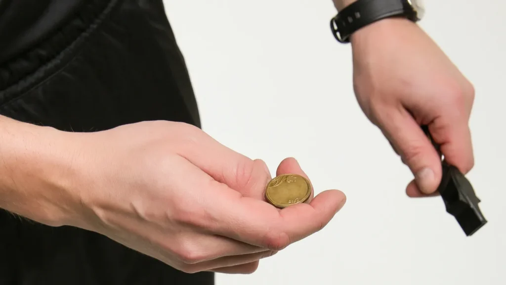 The hand of the referee going to throw up a coin for toss.