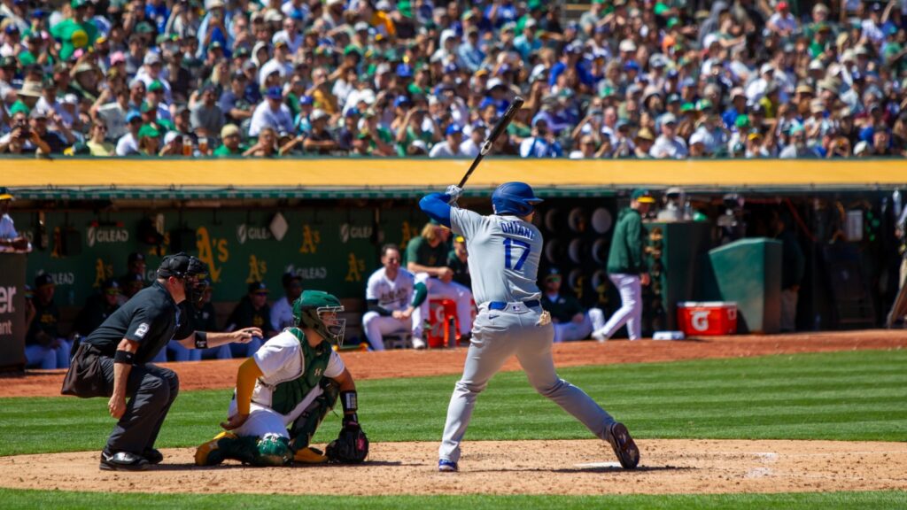 Shohei Ohtani in action during a baseball match.