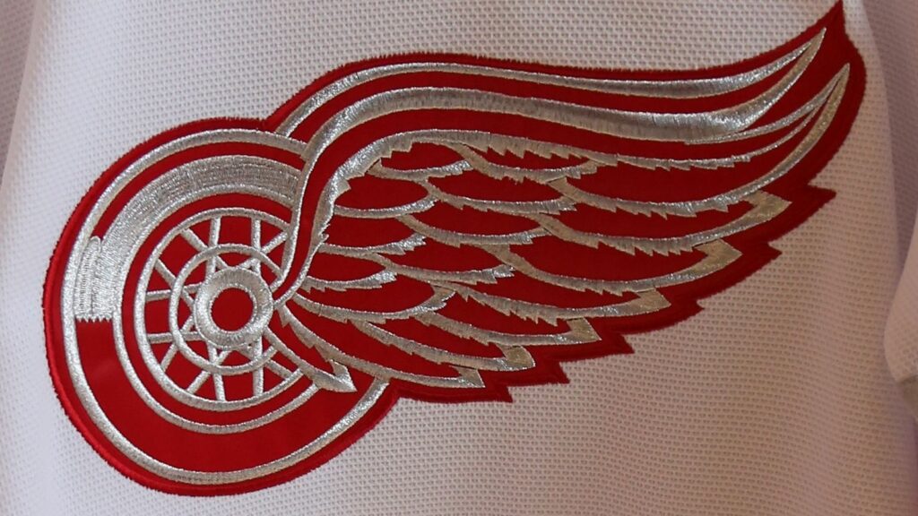 Close-up of Detroit Red Wings logo on a white wall.
