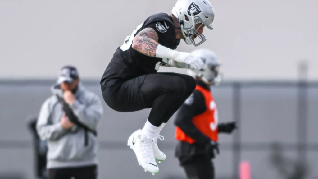 a view of las vegas raiders player maxx crosby flying